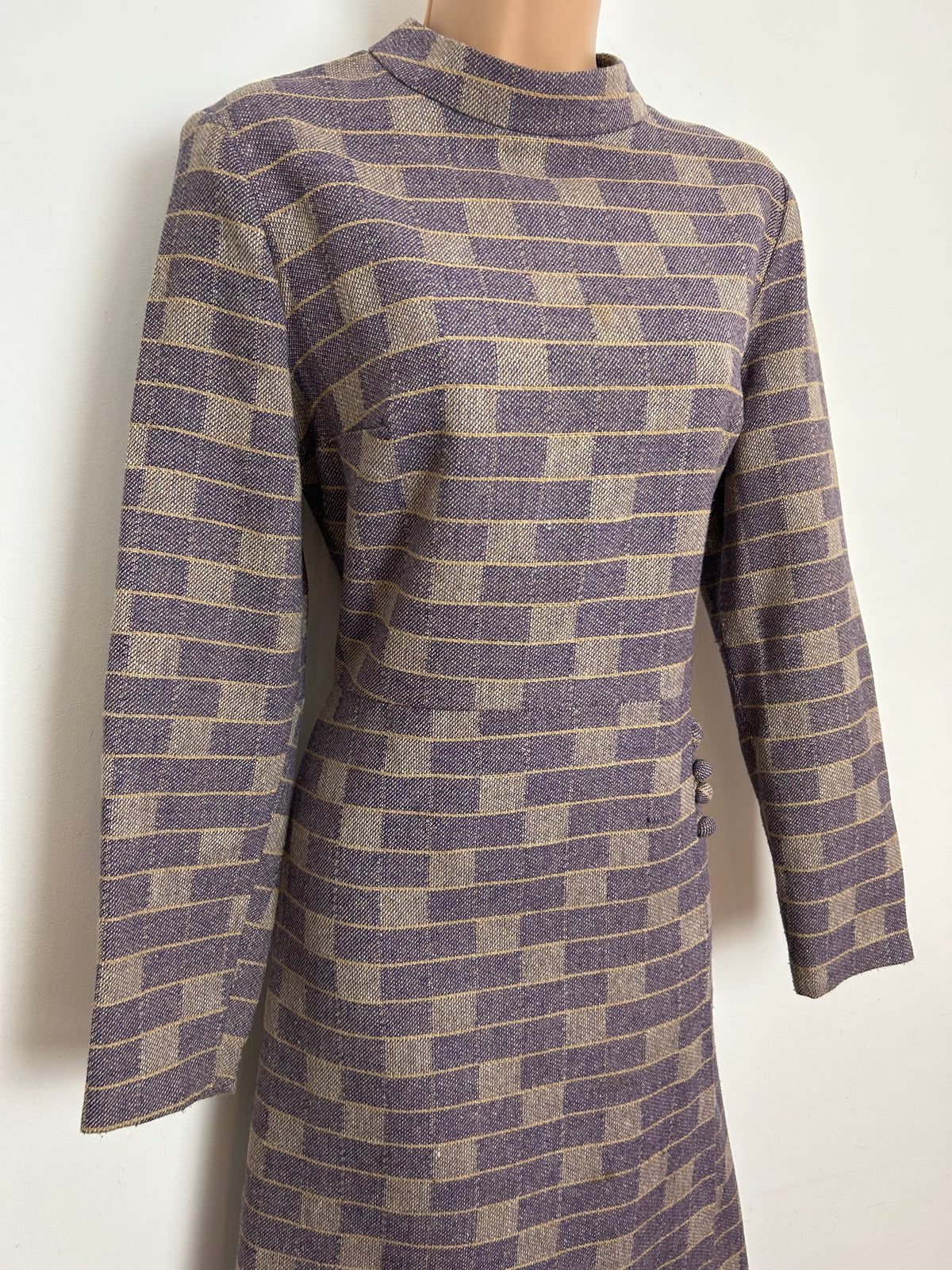 Vintage 1960s DANDI BY BERKERTEX Size 12-14 Mauve & Beige Check Print Wool Mix Mod Dress