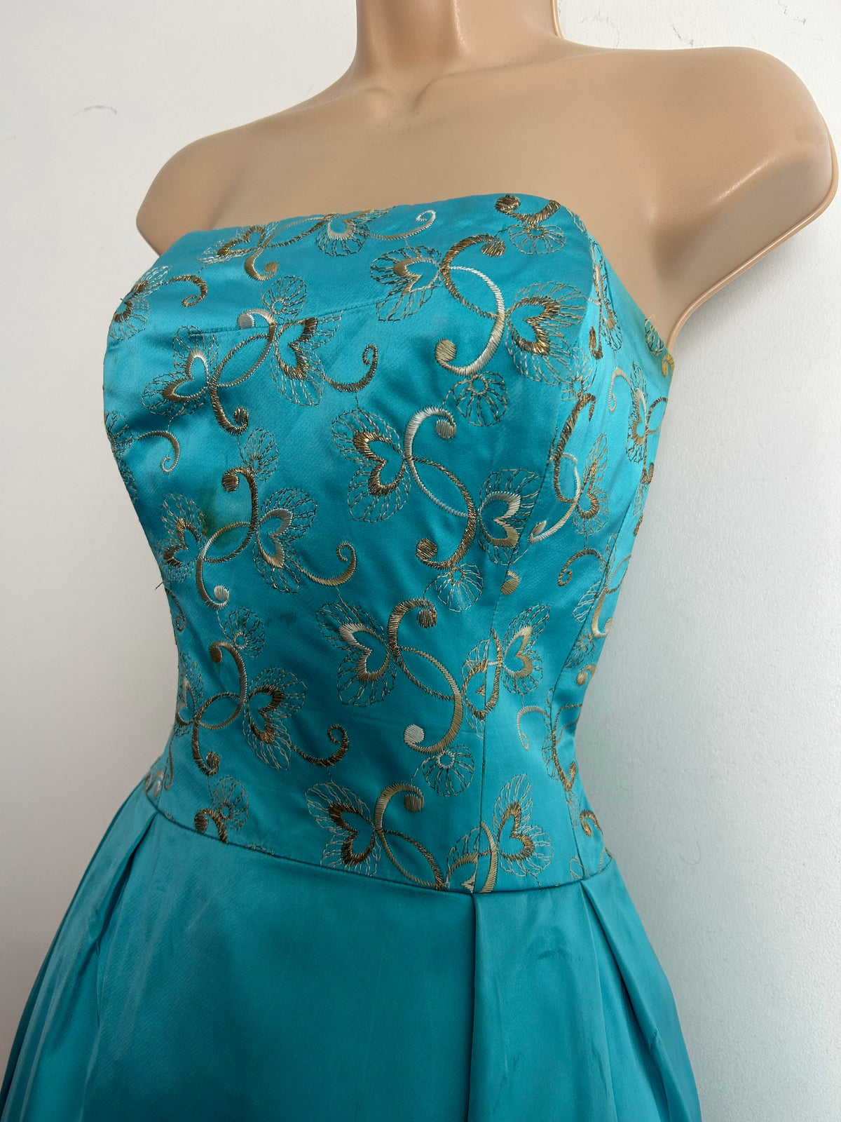 Vintage Early 1960s BERNARD FRERES Size 10 Turquoise Satin Embroidered Bodice Party Prom Occasion Dress