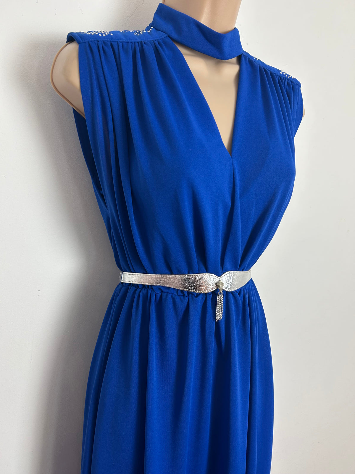 Vintage THE HOUSE OF SAINT NICHOLAS Size 8-10 Royal Blue Rhinestone Detail Belted Evening Maxi Dress