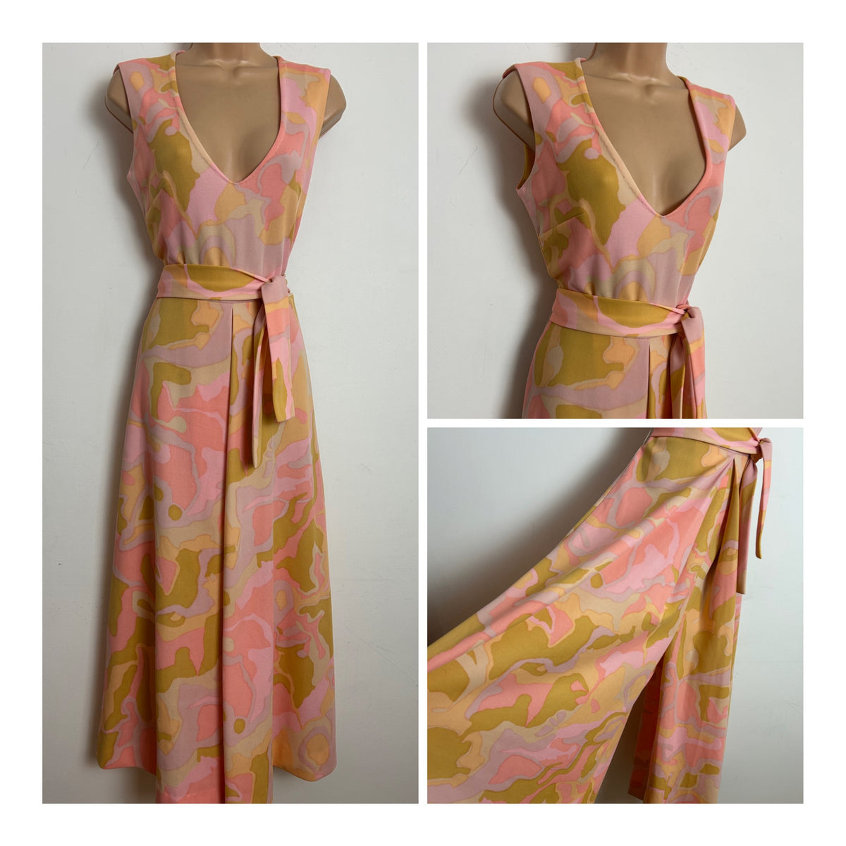 Vintage 1970s Size 12 AMAZING Pastel Pink & Peach Tones Psychedelic Print Wide Leg Palazzo Jumpsuit