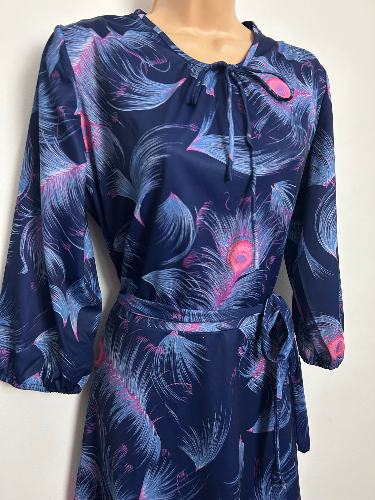 Vintage Early 1980s HEATHER VALLEY Size 14 Navy Blue & Pink Peacock Feather Belted Day Dress