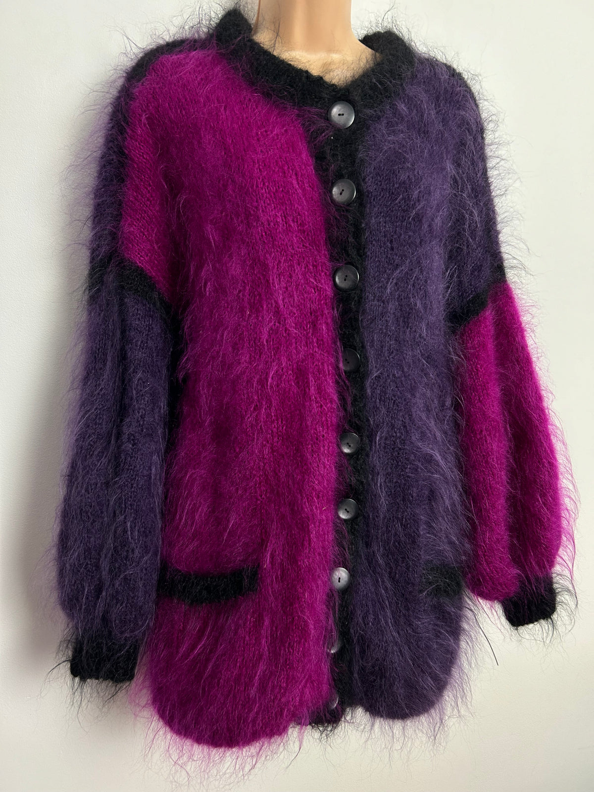 Vintage 1980s HILKE STAHL One Size Very Slouchy Purple Black & Dark Pink Mohair & Wool Long Sleeve Cardigan