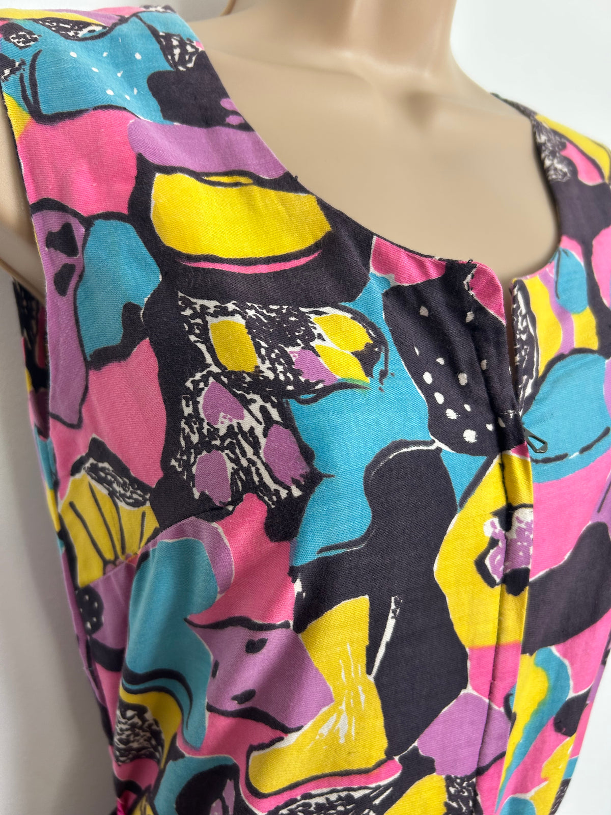 Vintage 1970s 12 Black Blue Yellow & Pink Psychedelic Floral Print Cotton Wide Leg Jumpsuit
