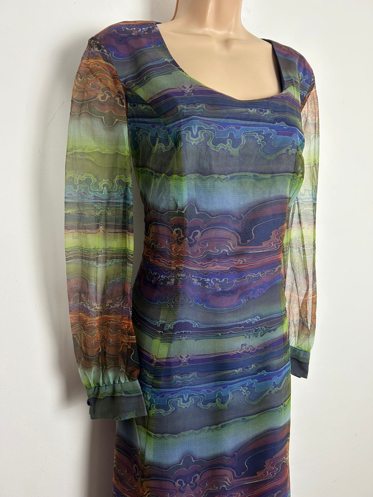 Vintage 1970s LINDA LEIGH Size 12 Blue Purple & Green Abstract Print Chiffon Long Sleeve Maxi Dress