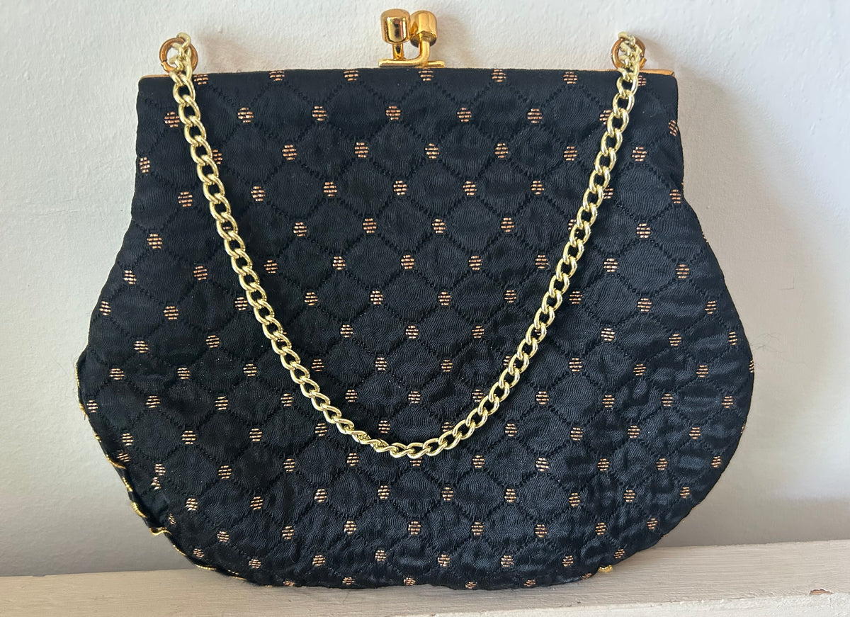 Vintage 1960s Small Black & Metallic Gold Satin Fabric Evening Bag With Chain Handle
