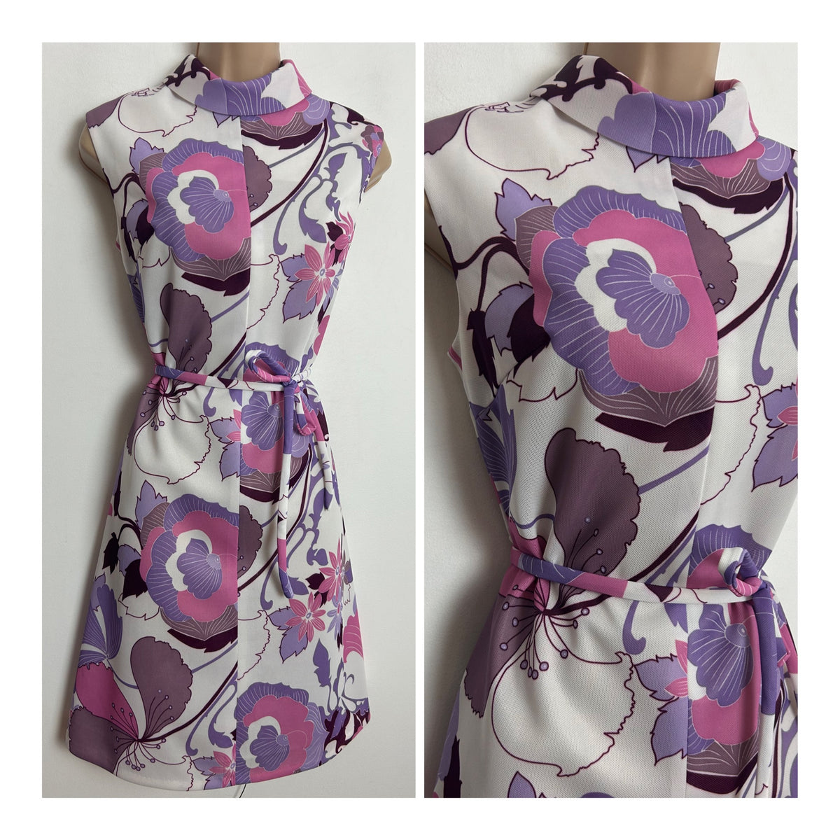Vintage Early 1970s ST MICHAEL Size 10 White Pink Lilac & Plum Floral Print Sleeveless Belted Mod Dress