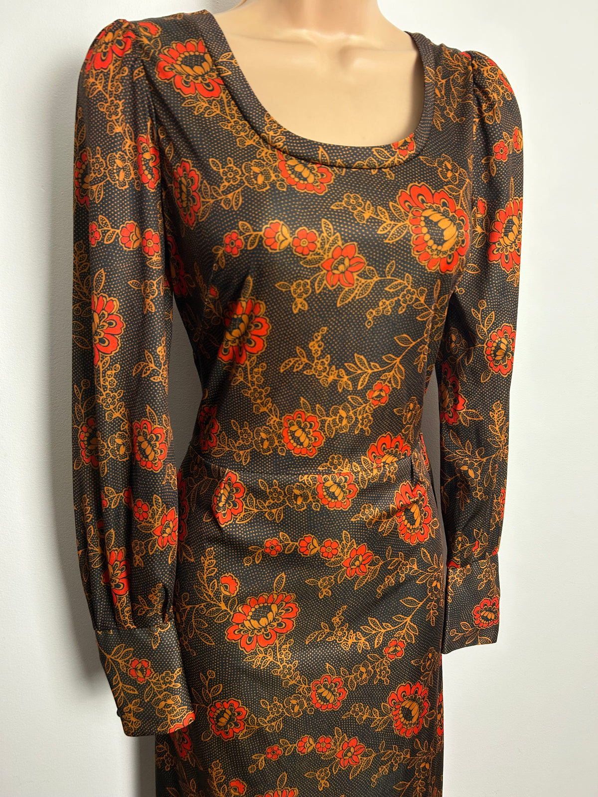 Vintage 1970s Size 8 Brown & Orange Floral & Polka Dot Print Long Sleeve Maxi Dress