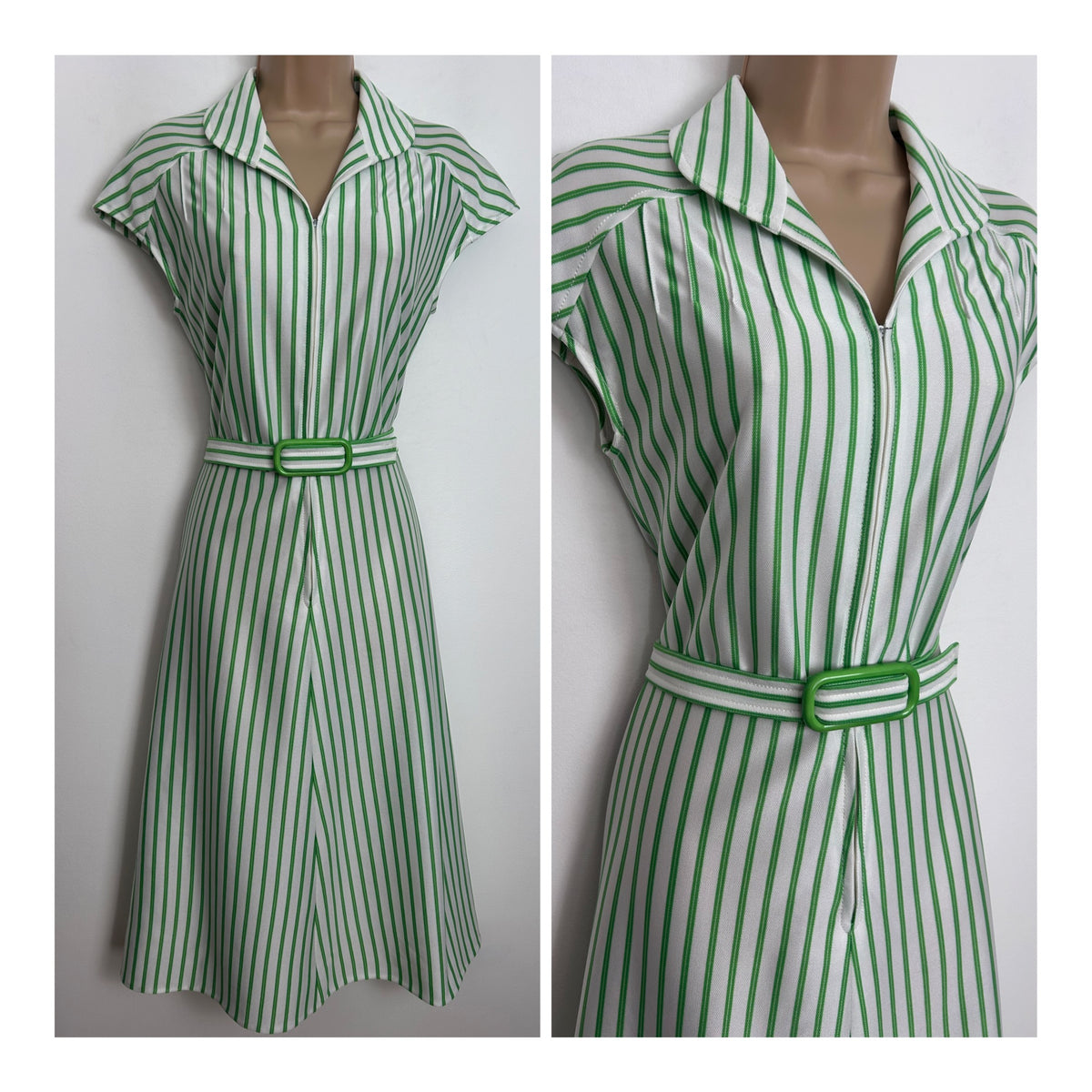 Vintage 1970s Size 10 Green & White Stripe Print Cap Sleeve Belted Fit & Flare Day Dress