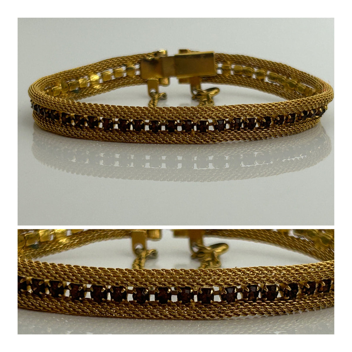 Vintage 1960s Gold Tone Fine Mesh Amber Colour Stone Set Bracelet