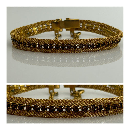 Vintage 1960s Gold Tone Fine Mesh Amber Colour Stone Set Bracelet
