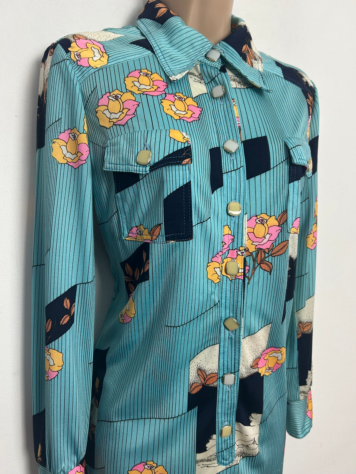 Vintage 1970s UK Size 10 Blue Pink White & Sandy Beige Floral & Stripe Print Long Sleeve Mod Dress