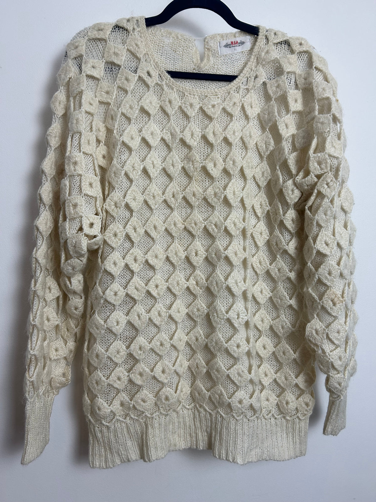 Vintage 1980s Up To Size 14 Cream Double Layer Diamond Cut Out Outer Layer Slouchy Jumper