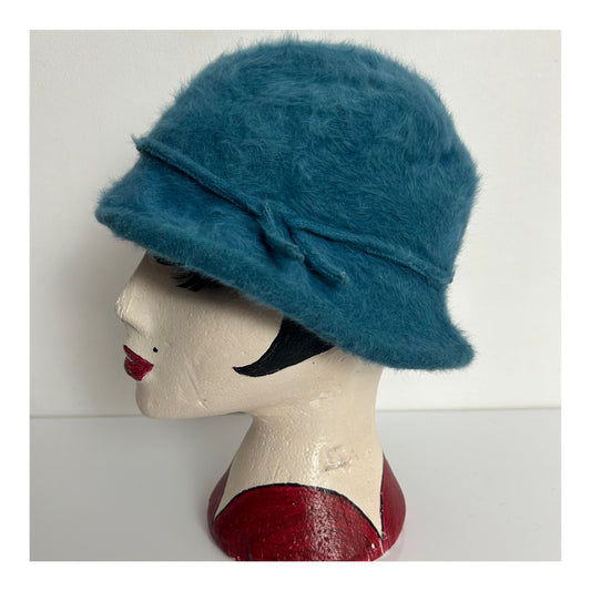 Vintage CREATION ELO FRANCE Dark Dusky Blue Braid Angora Mix Trim Cloche Style Hat
