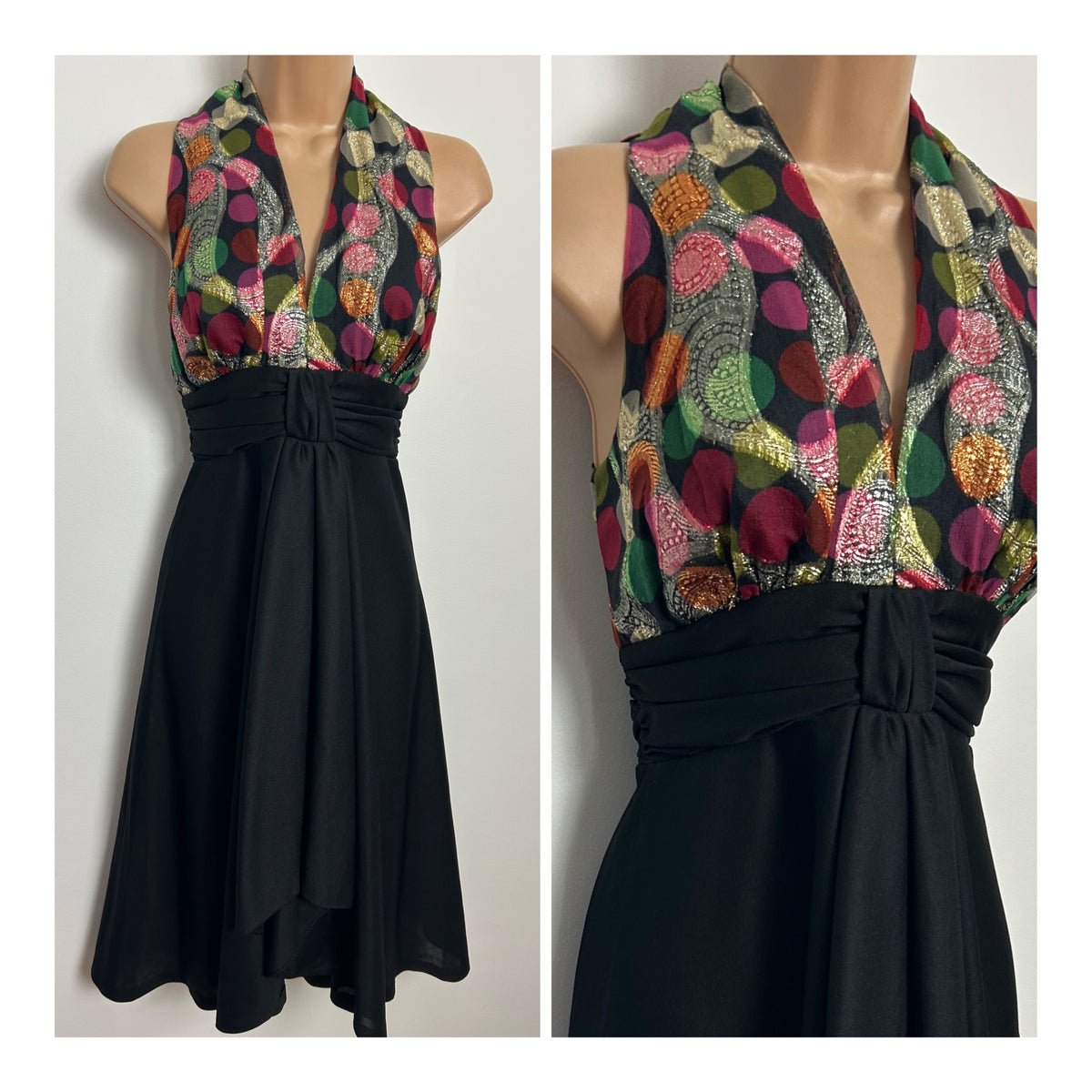 Vintage 1970s Size 6-8 Black Green Purple Maroon & Gold Lurex Spot Pattern Evening Party Dress