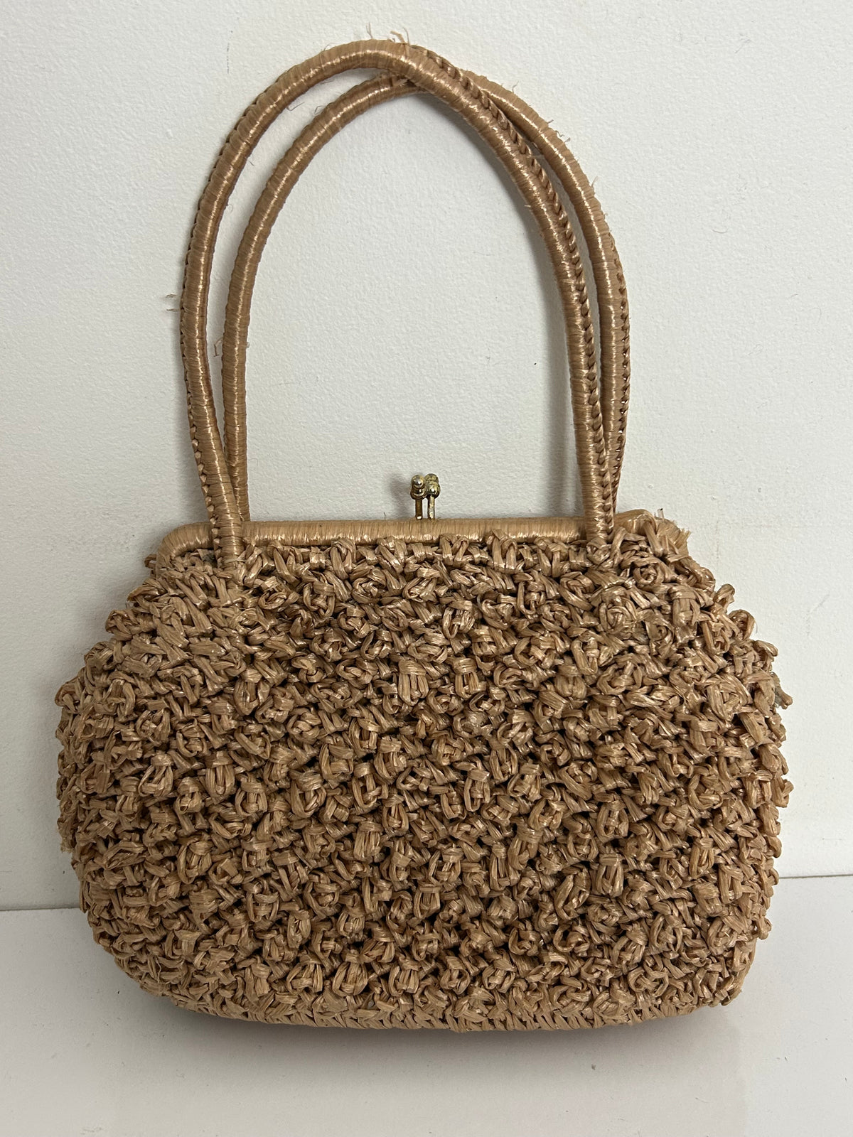 Vintage 1950s Handmade Beige Woven Raffia Style Top Handle Handbag