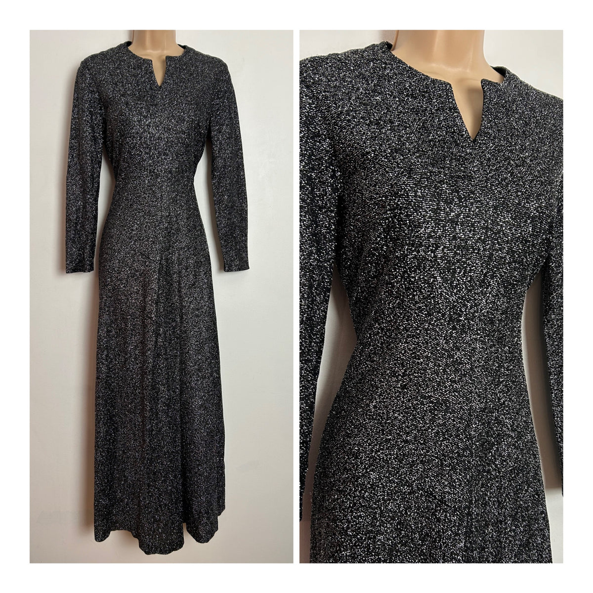 Vintage 1970s UK Size 8 Black & Silver Glittery Lurex Long Sleeve Notch Neck Occasion Maxi Dress