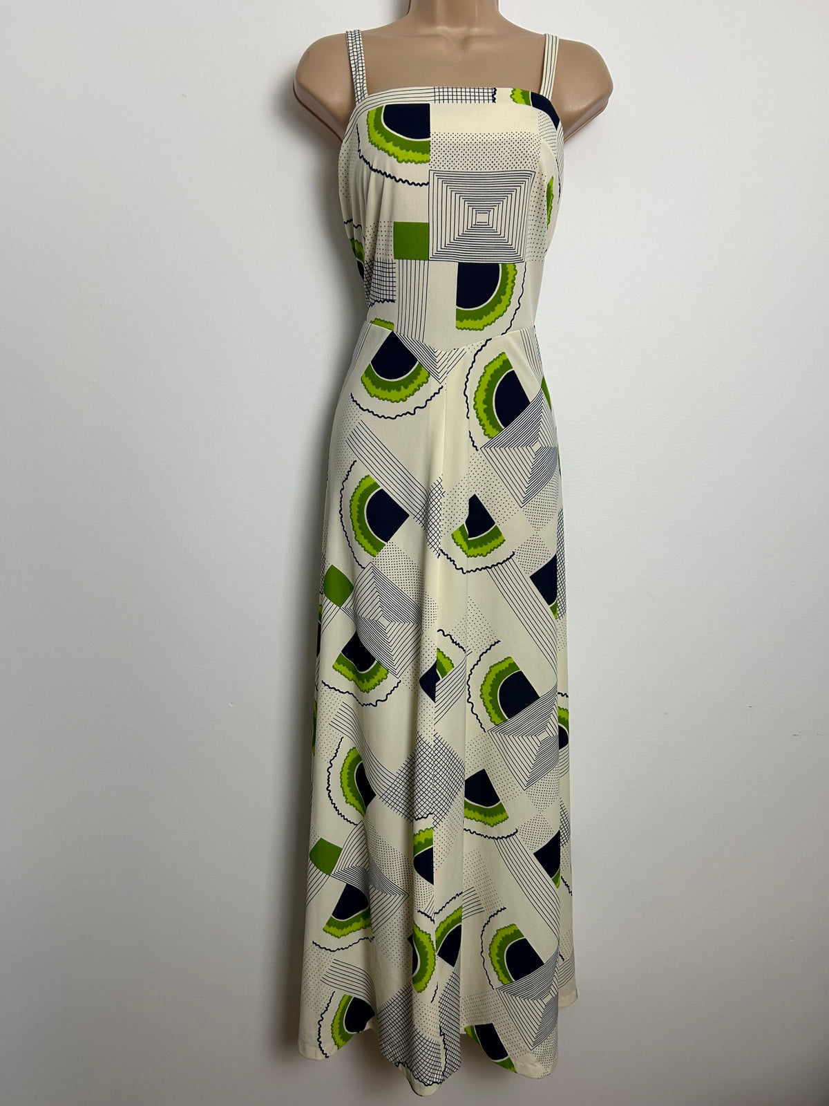 Vintage 1970s MARISA By Kitty Copeland Size 10-12 Cream Navy Blue & Green Abstract Print Dress & Matching Dagger Collar Open Fronted Shirt  Style Jacket