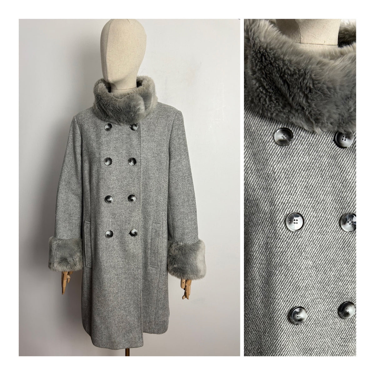 Gorgeous JACQUES VERT Size 14 Grey Wool Mix Faux Fur Trimmed Funnel Neck Double Breasted Coat