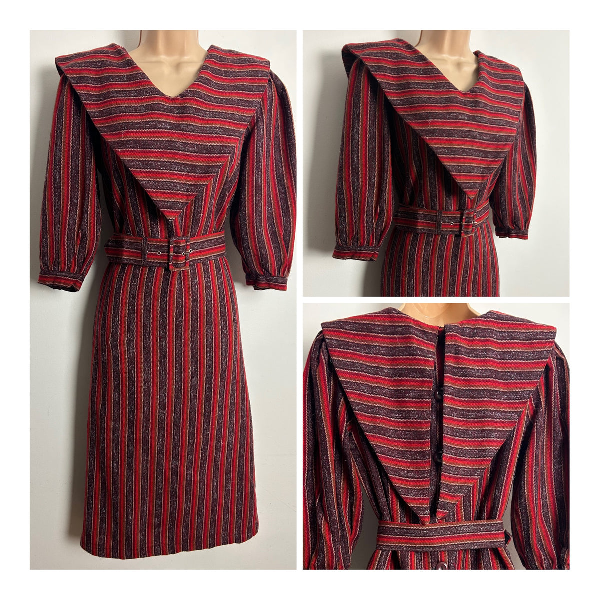 Vintage Early 1980s Size 10 Red & Brown Stripe Wool Mix Long Sleeve Feature Collar Belted Dress