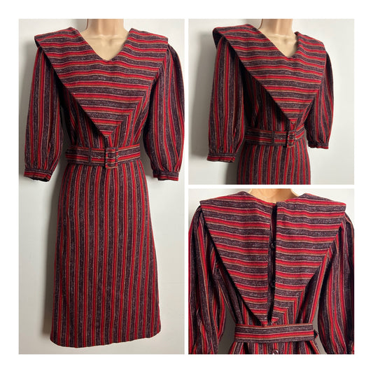 Vintage Early 1980s Size 10 Red & Brown Stripe Wool Mix Long Sleeve Feature Collar Belted Dress