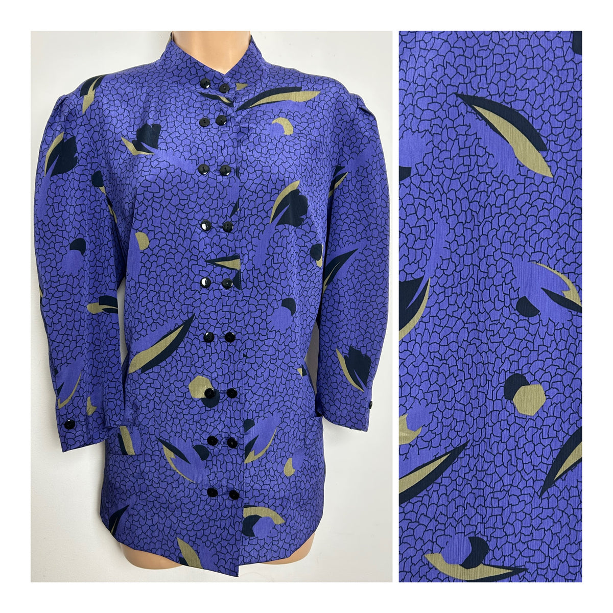 Vintage 1980s Size 12 Dark Purple Abstract Print Double Buttons Long Sleeve Shirt