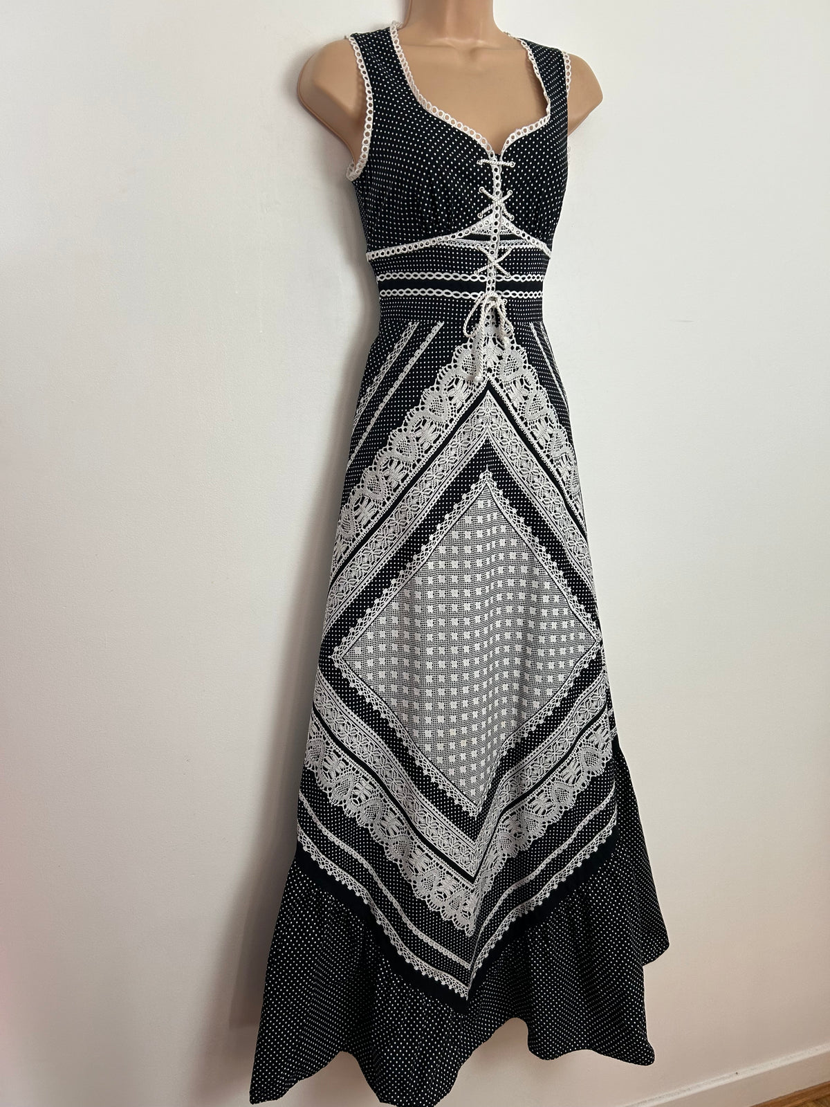 Vintage 1970s MARC RENE Size 6 Black & White Polka Dot & Trompe L'oeil Print Lace Up Front Cotton Maxi Dress