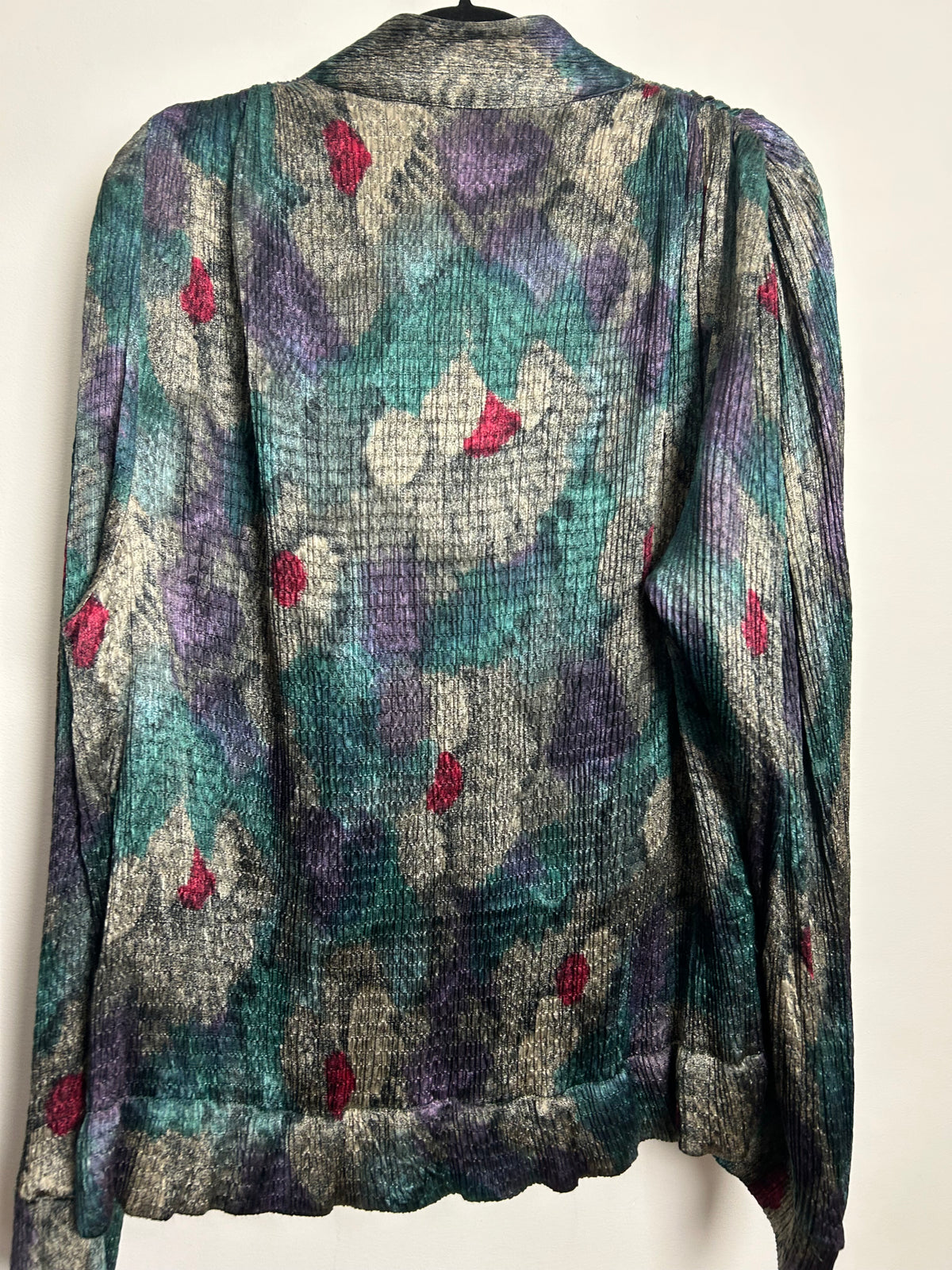 Vintage Late 1980s VERSE Up To Size 16 Grey Purple Teal & Red Silky Plisse Pleated Zip Up Jacket