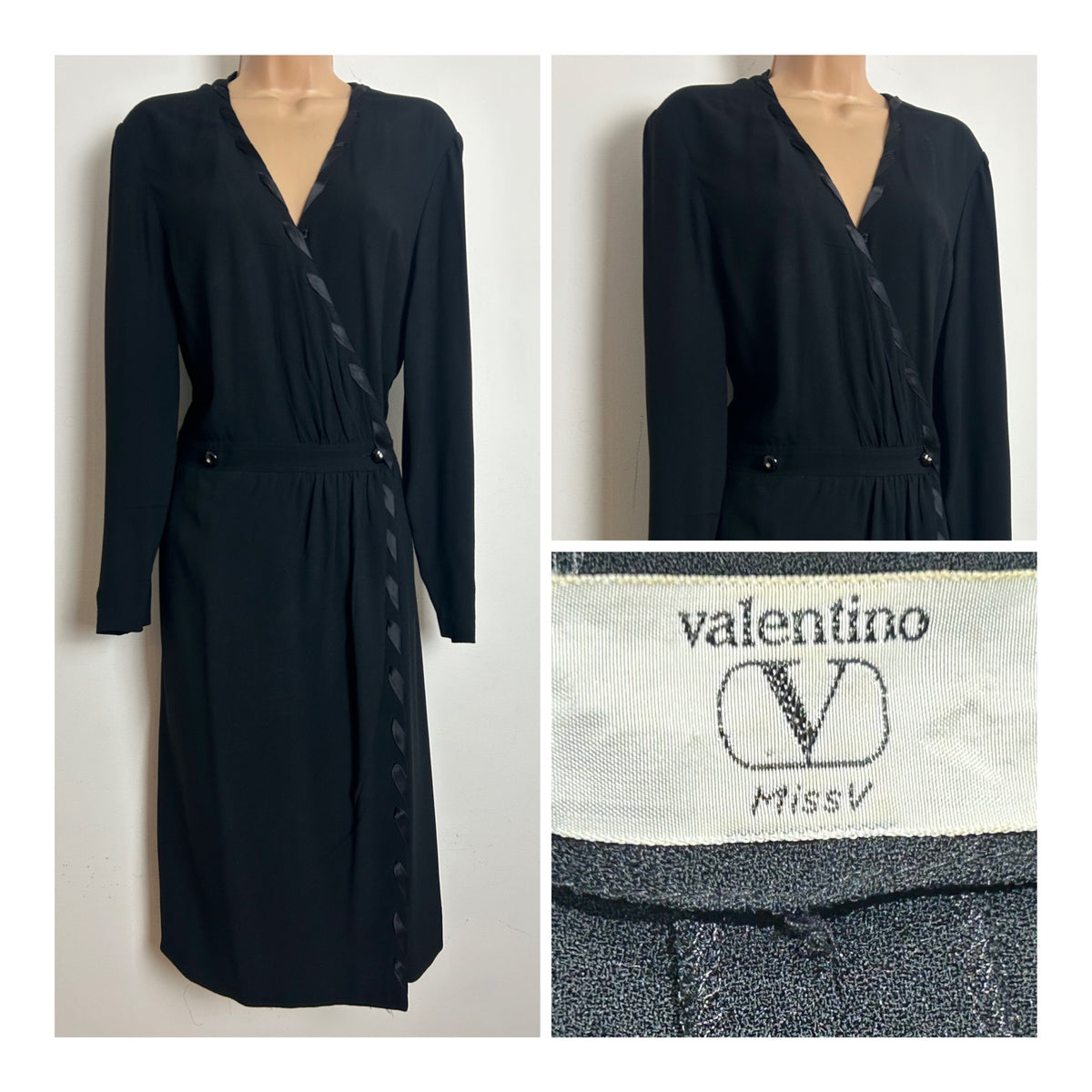 Vintage 1980s VALENTINO MISS V Size 12 Black 1940s STYLE Ribbon Trim Wrap Dress