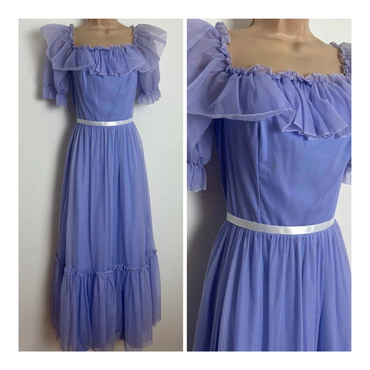 Vintage Late 1970s Size 6-8 Lilac Nylon Chiffon Ruffle Collar Prairie Maxi Dress