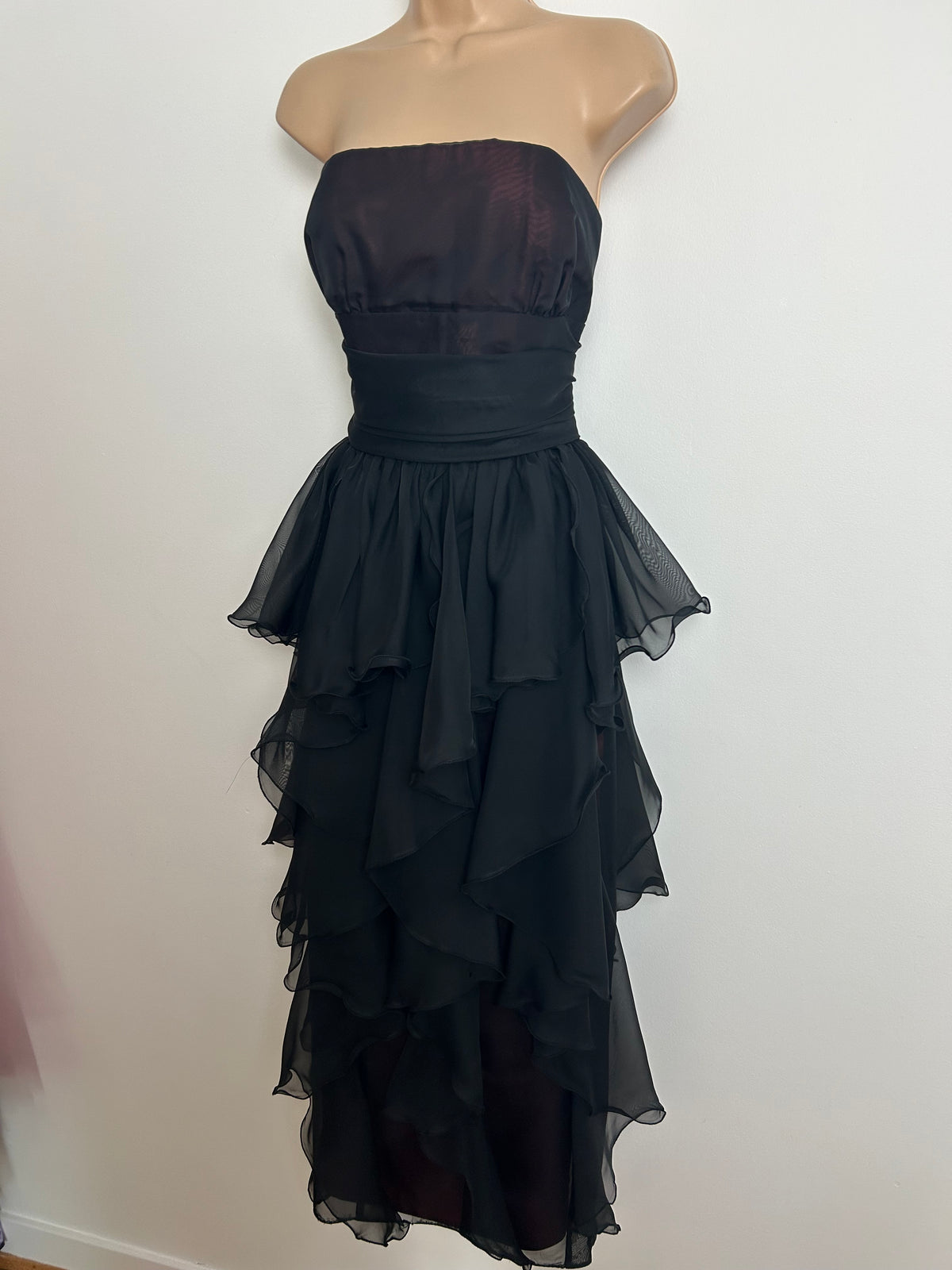 Vintage Early 1980s FRANK USHER Size 10 Black Strapless Layered Evening Cocktail Occasion Dress