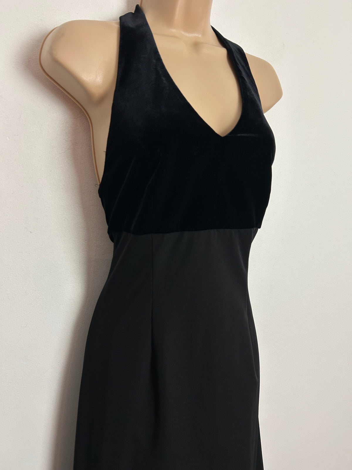 Vintage Late 1980s/Early 1990s ANGIE UK Size 6 Black Velvet Bodice Halterneck Evening Maxi Dress