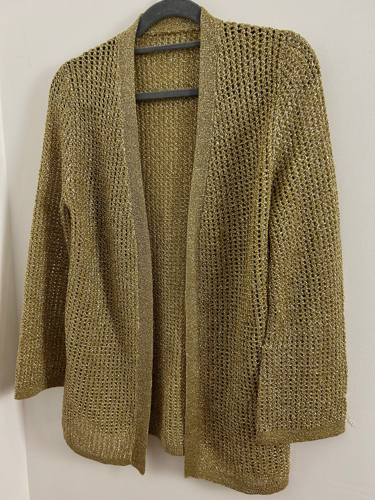 Vintage 1990s UK Size 10-12 Gold Lurex Knit Open Fronted Long Sleeve Cover Up Cardigan