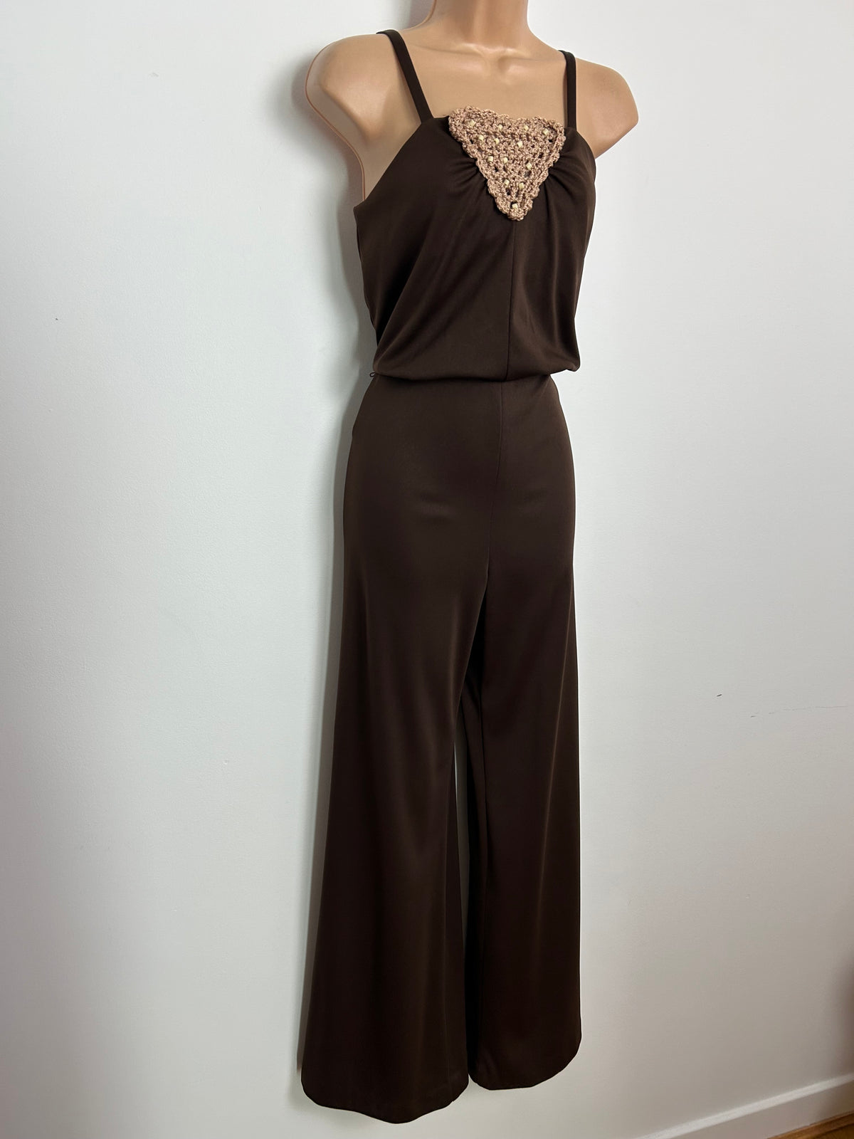 Vintage Late 1970s Size 8 Chocolate Brown Crochet Panel Wide Flared Leg Jumpsuit
