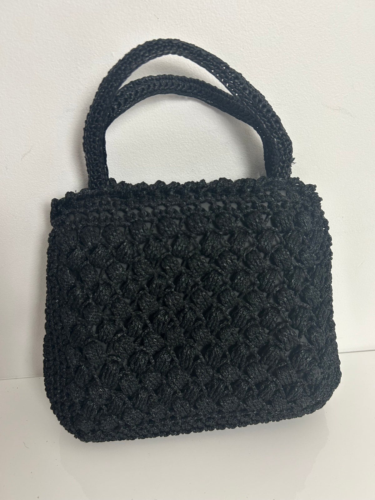 Vintage 1960s Gorgeous Black Crochet Woven Style Top Handle Kelly Style Handbag