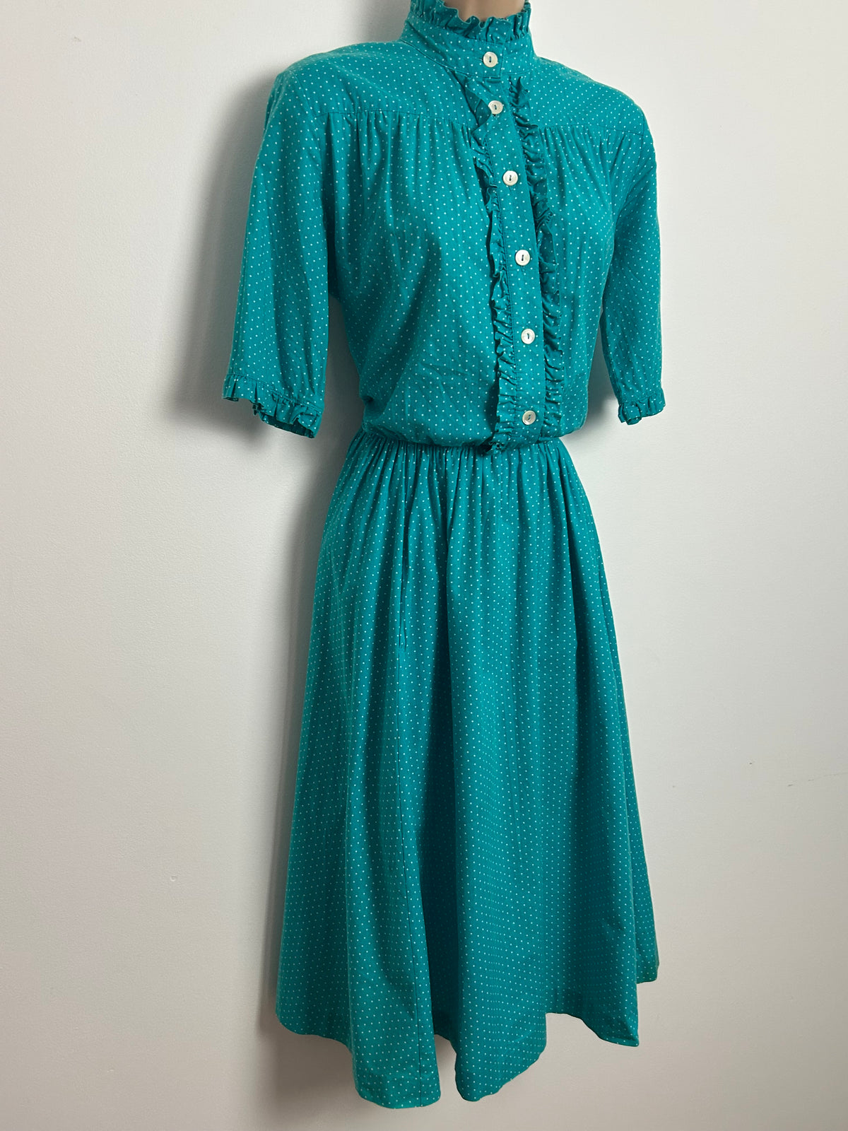 Vintage 1980s LAURA ASHLEY Size 10 Dark Turquoise & White Polka Dot Cotton Tea Dress
