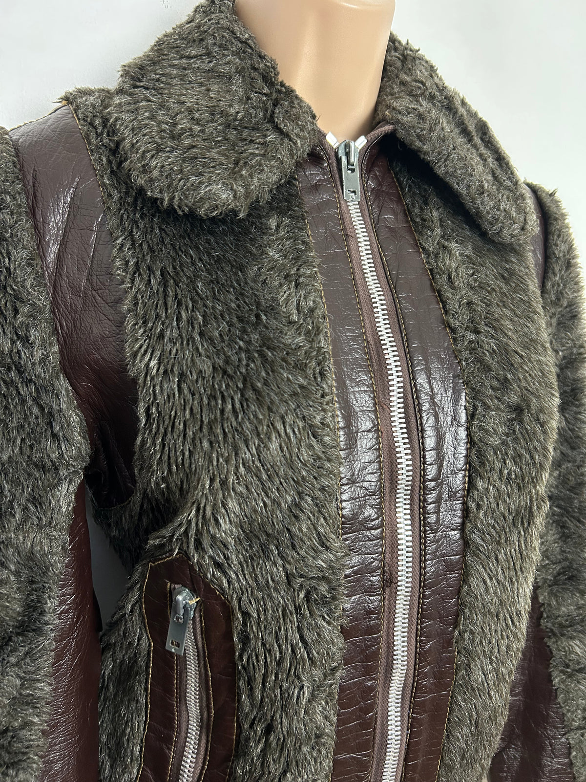 Vintage 1980s UK Size 10 Brown & Dark Grey Faux Fur & Faux Leather Bomber Style Jacket