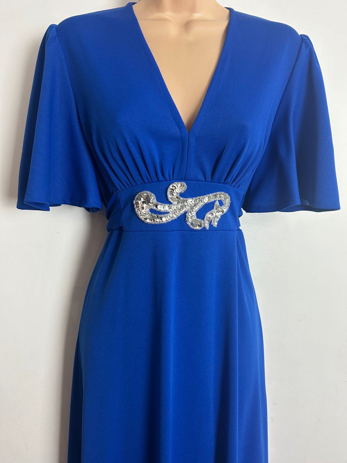 Vintage 1970s Size 8 Royal Blue Sequin Applique Detail Tie Back Occasion Maxi Dress