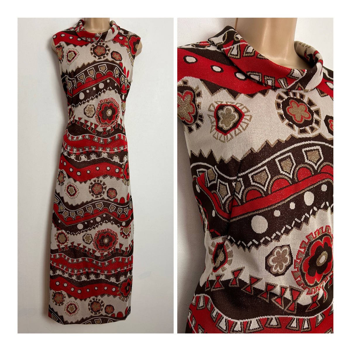 Vintage 1970s UK Size 12 Red Brown Beige & Gold Lurex Abstract Print Column Evening Occasion Maxi Dress
