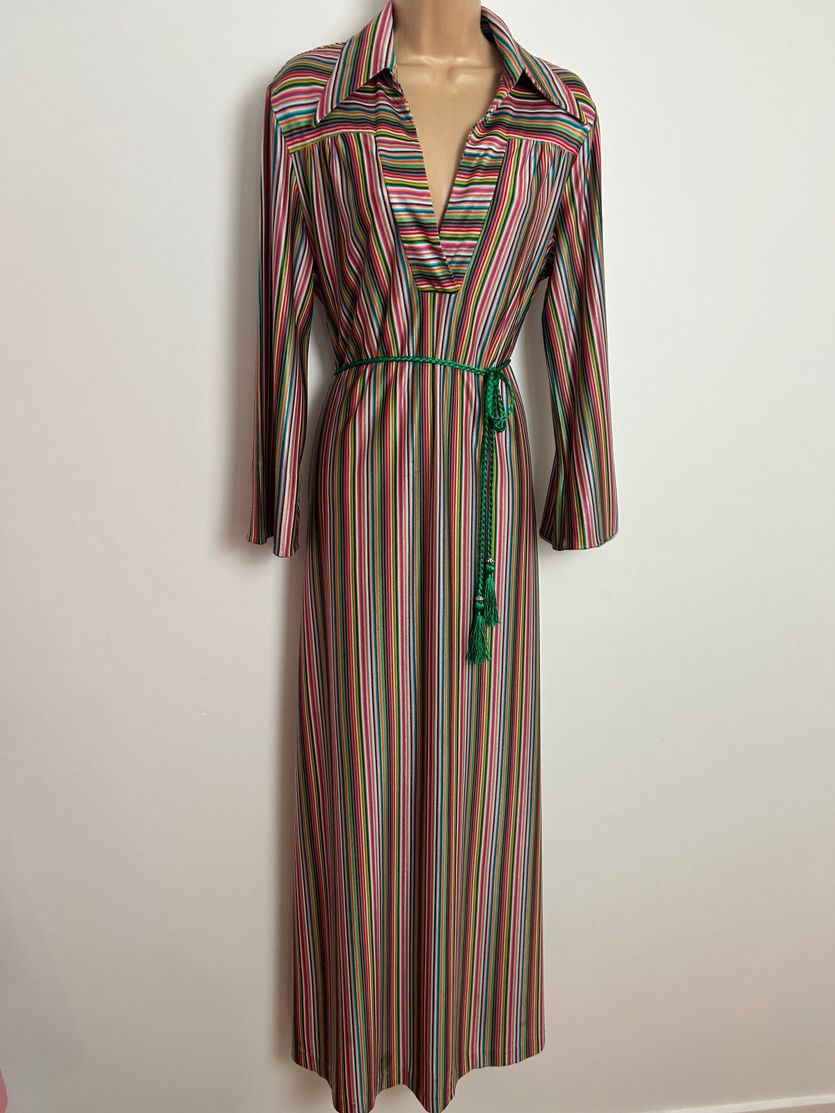 Vintage 1970s Up To Size 16 ST MICHAEL Green Pink Red Yellow Stripe Print Dagger Collar Kaftan Maxi Dress