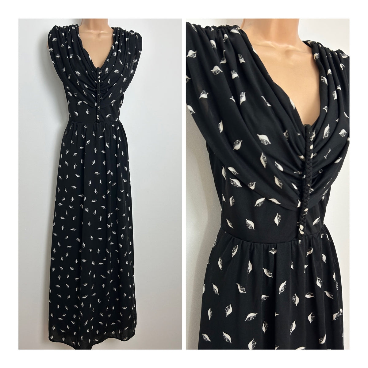 Vintage Early 1980s Size 10 Black & White Leaf Print Gather Pleated Plaited Detail Maxi Dress