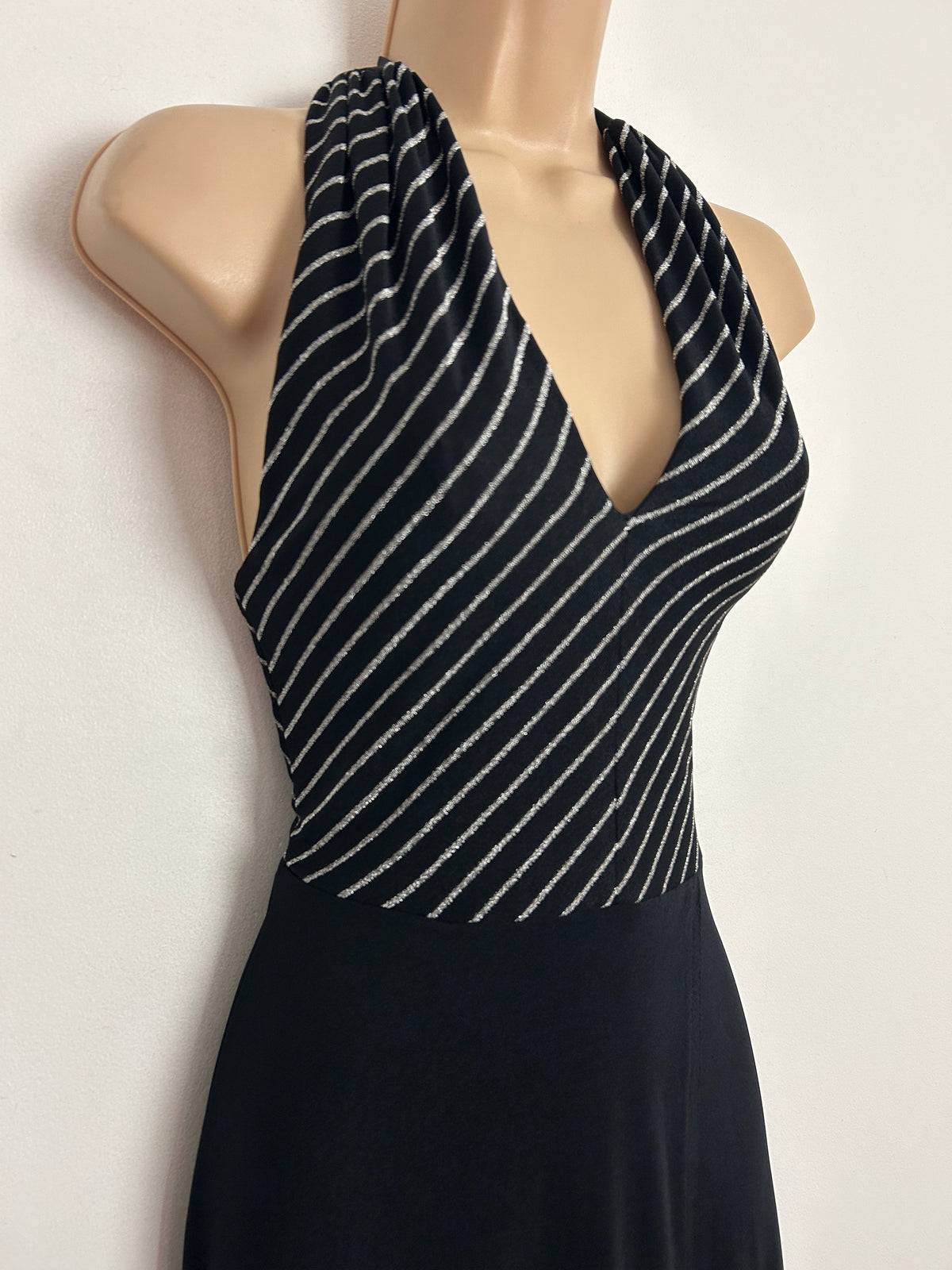 Vintage 1970s UK Size 6  Black & Metallic Silver Lurex Stripe Halterneck Evening Maxi Dress