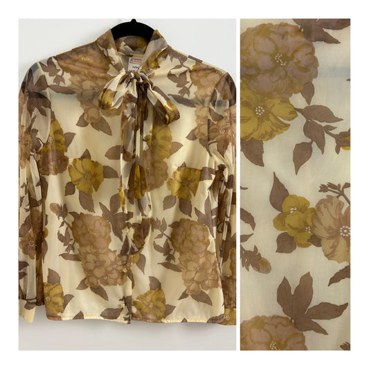 Vintage 1960s 1970s ST MICHAEL Size 12 Brown & Beige Tones Floral Print Nylon Pussy Bow Long Sleeve Shirt