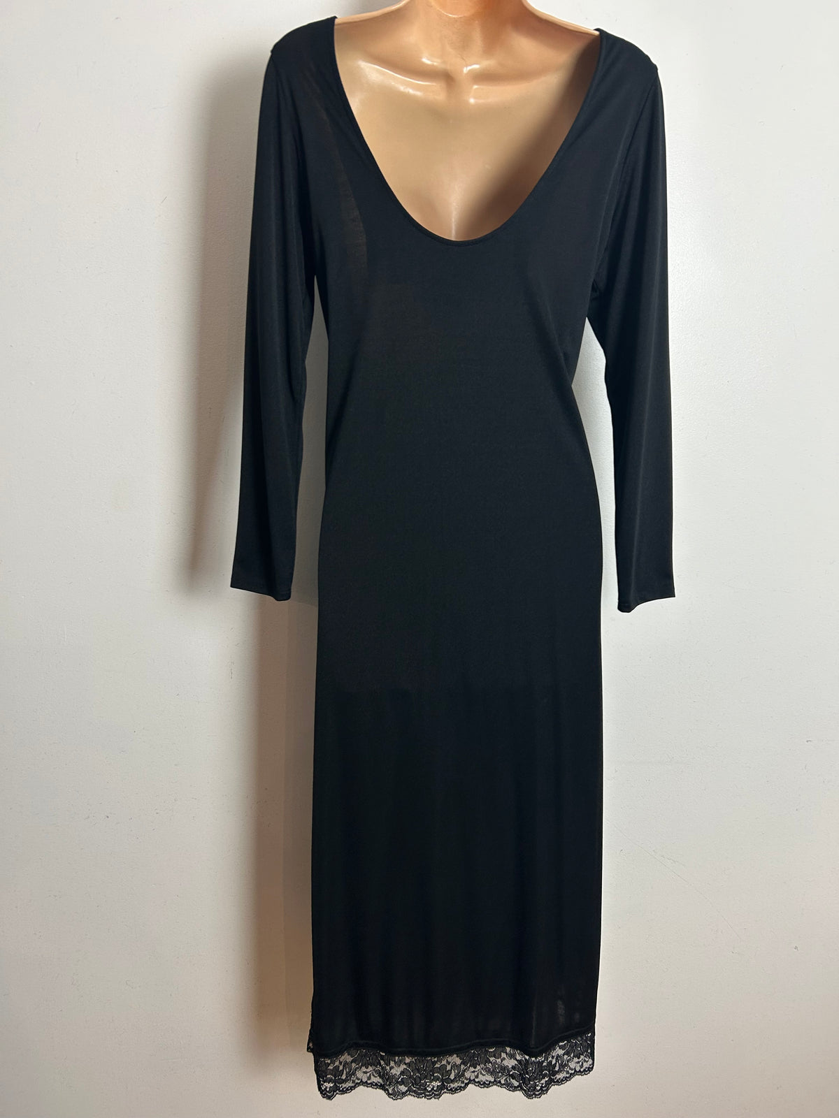 Vintage Late 1970s Early 1980s LAURA PHILLIPS Size 10-12 Black Drape Neck Long Sleeve Midi Occasion Dress