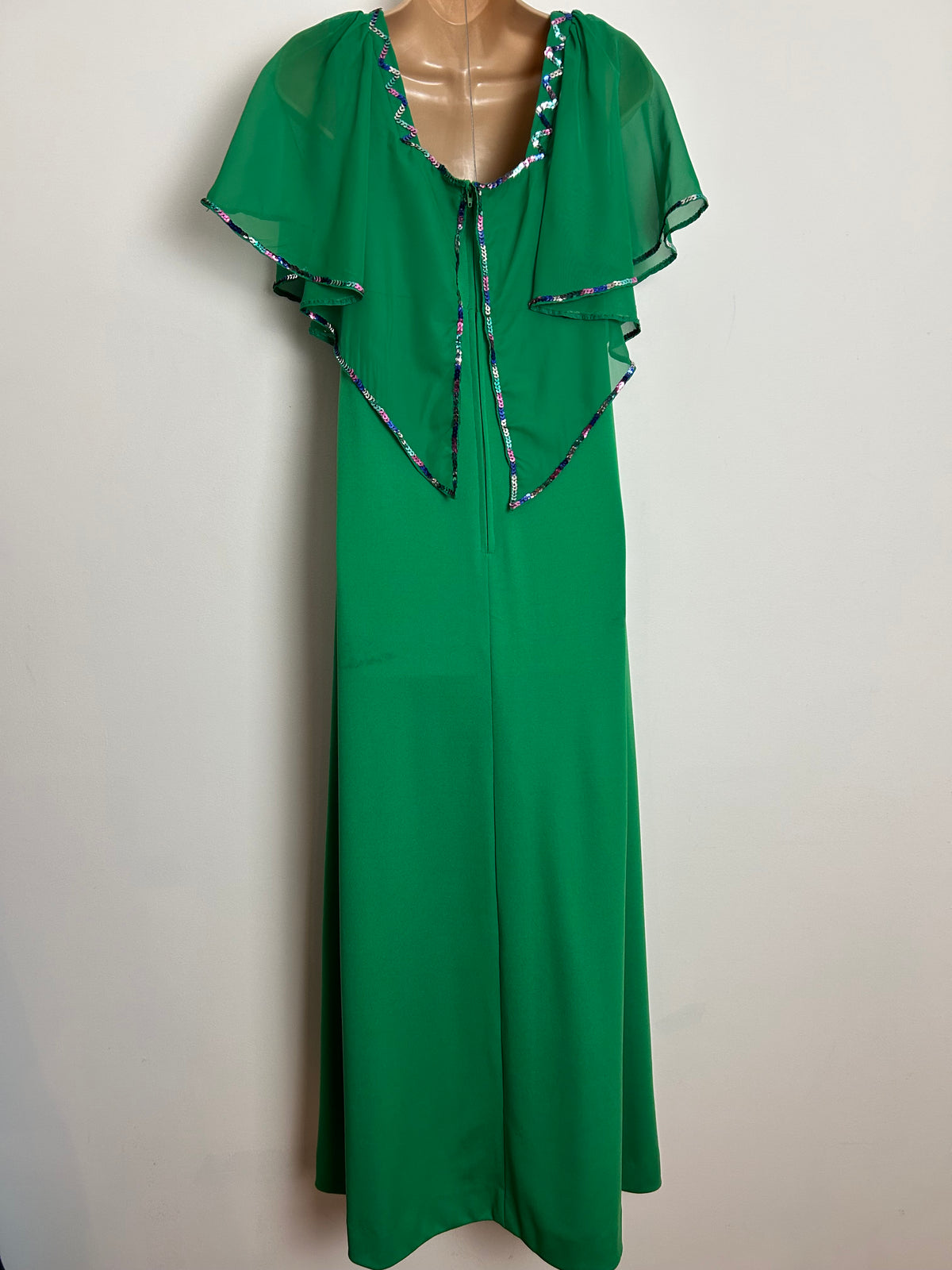 Vintage 1970s UK Size 10 Green Chiffon Cape Sleeve Sequin Embellished Occasion Maxi Dress