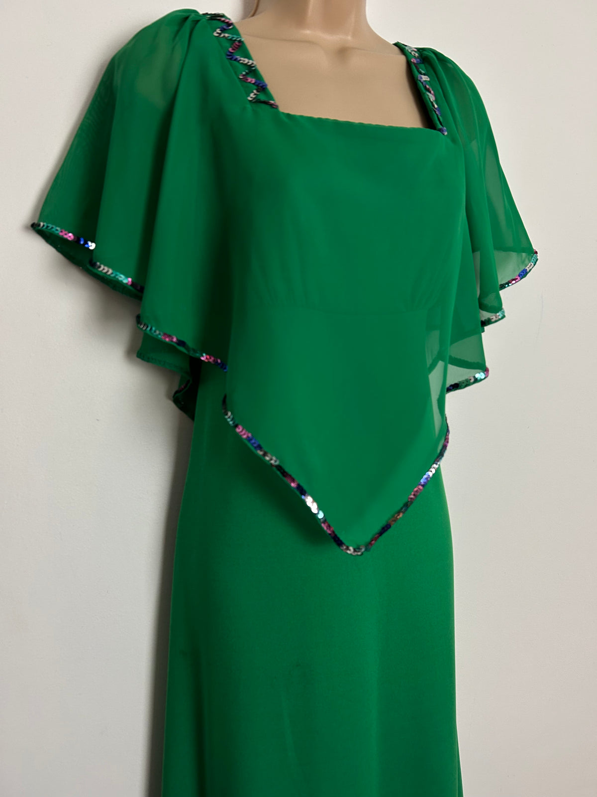 Vintage 1970s UK Size 10 Green Chiffon Cape Sleeve Sequin Embellished Occasion Maxi Dress