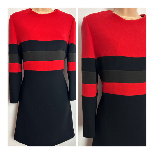 Vintage 1960s Size 10 Red Black & Grey Stripe Wool Mix Long Sleeve Mini Mod Shift Dress