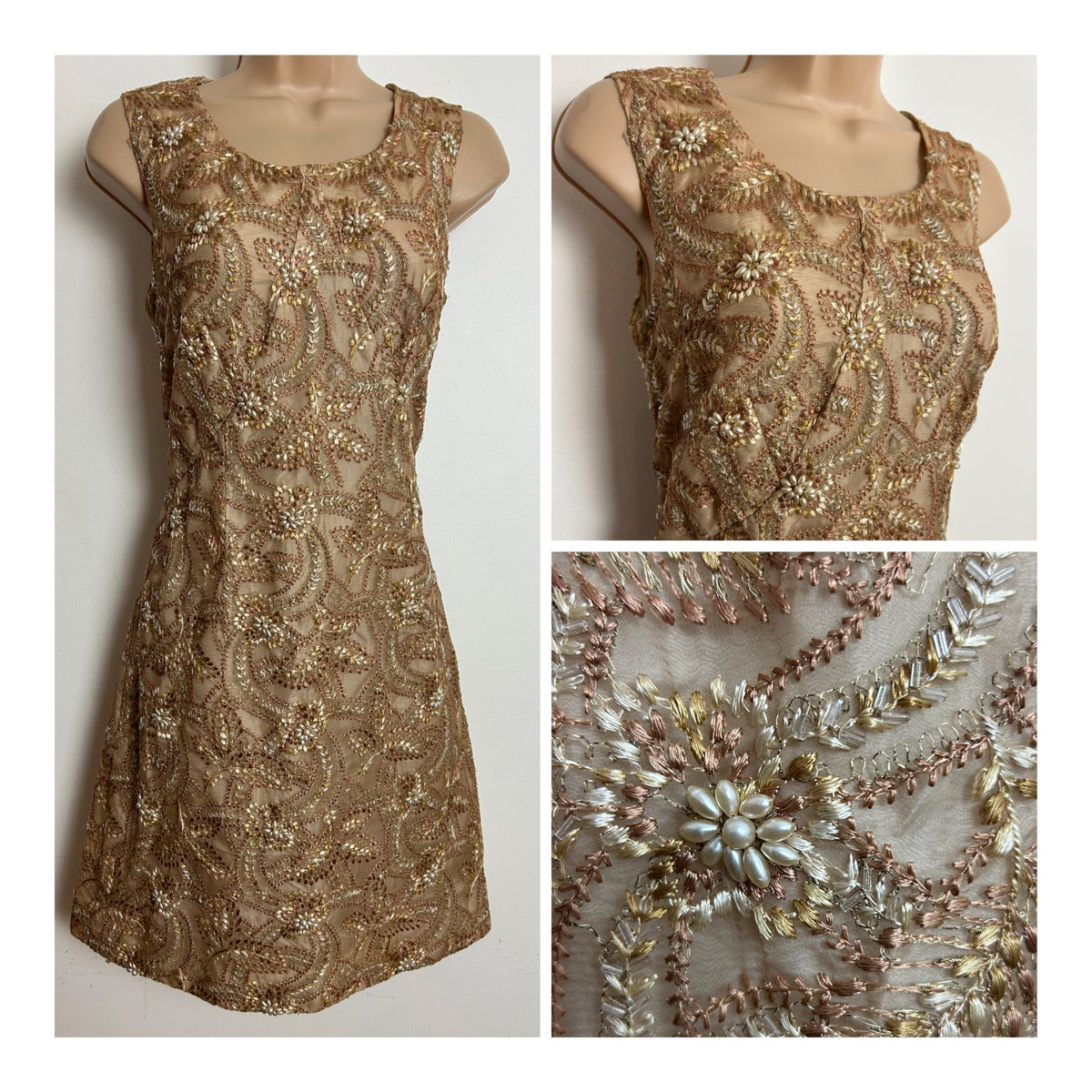 Vintage 1960s Size 6-8 Beige Silver & Gold Embroidered Bead Detail Evening Party Dress