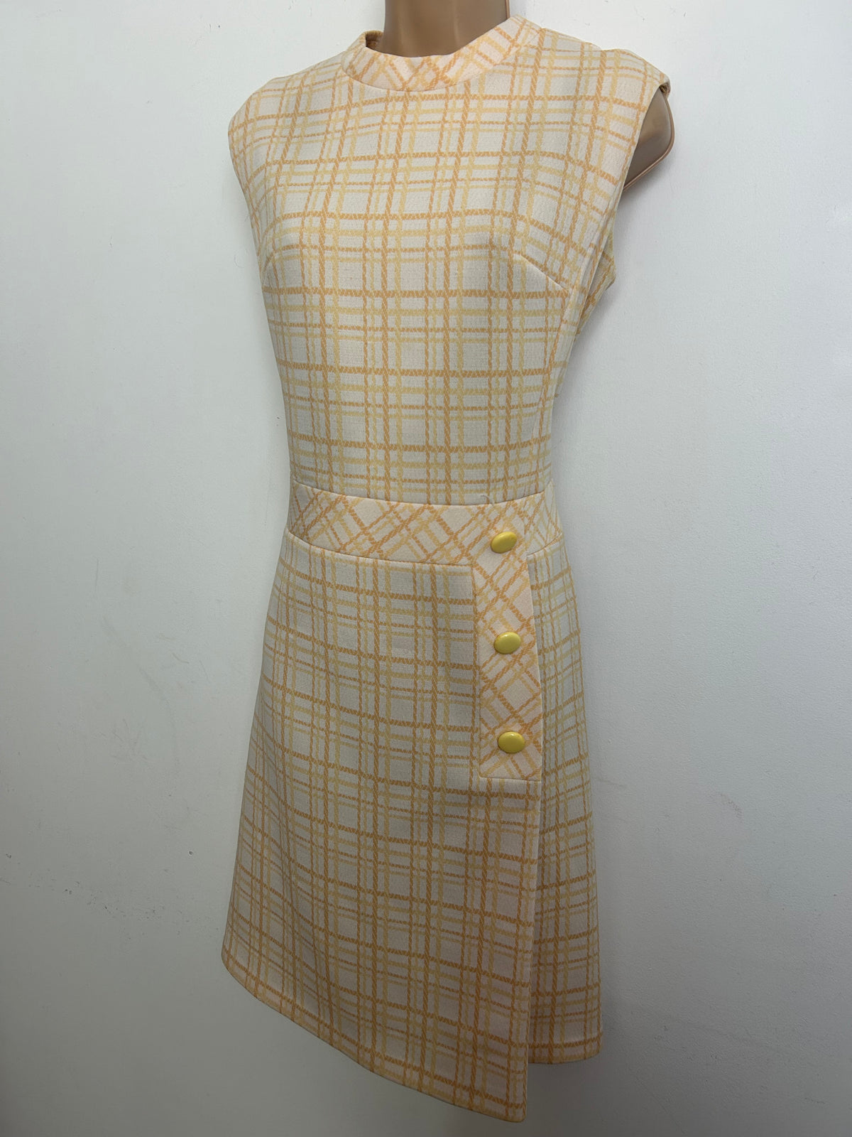 Vintage 1960s Size 12 Cream & Pale Mustard Tones Check Print Mod Dress