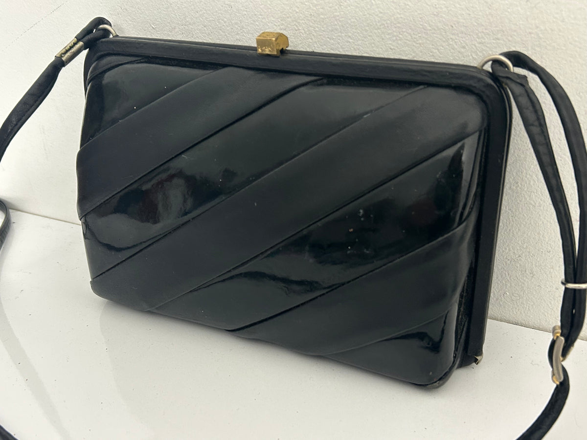Vintage 1960s Black Leather & Patent Panels Box Style Shoulder Handbag