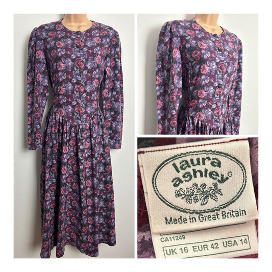 Vintage 1980s LAURA ASHLEY Size 12 (Size 16 On Label) Plum Dark Pink & Mauve Floral Wool Mix Day Dress